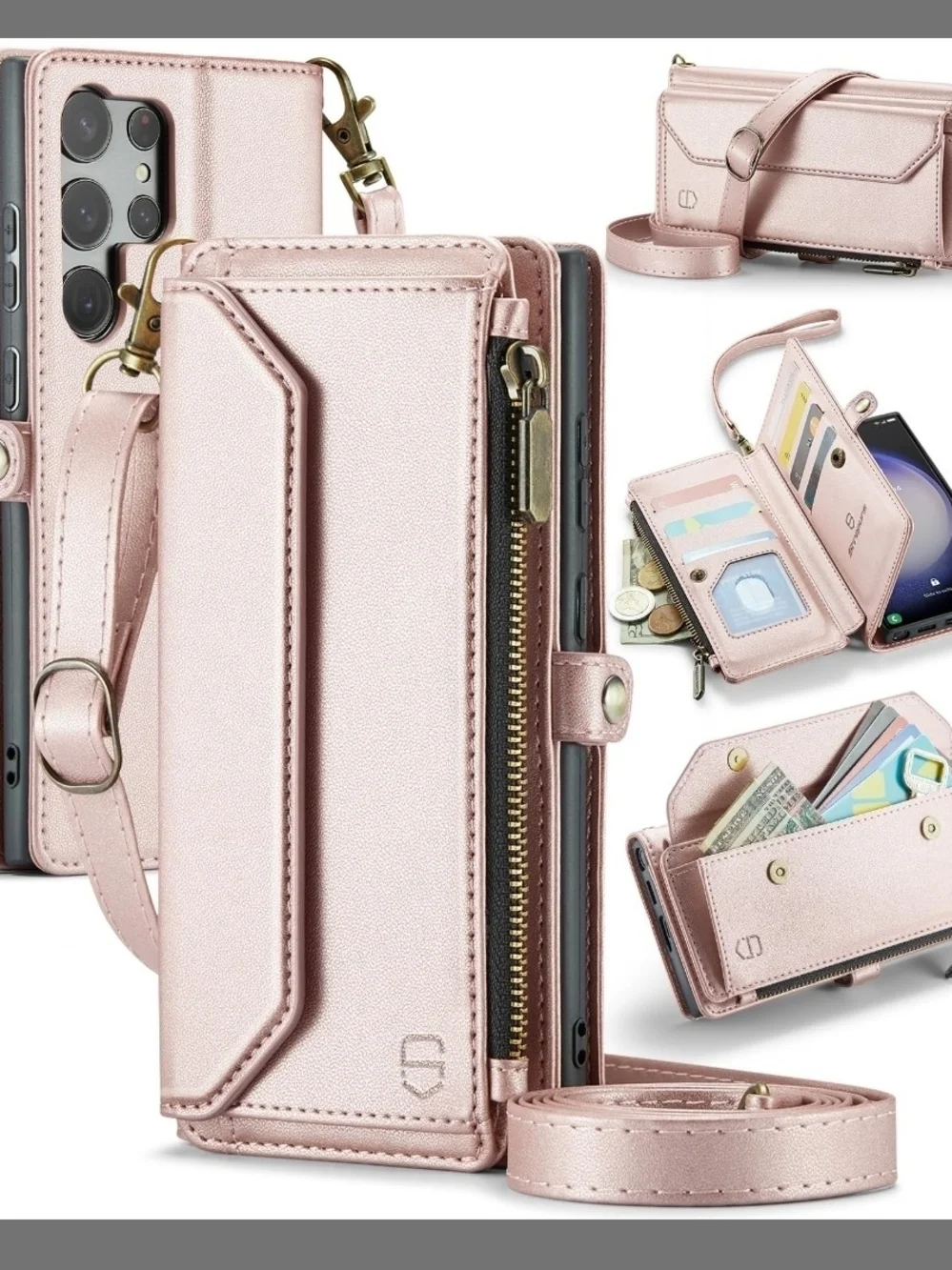 Strapurs Crossbody Wallet Case for Samsung Galaxy S23 Ultra, Rose Gold